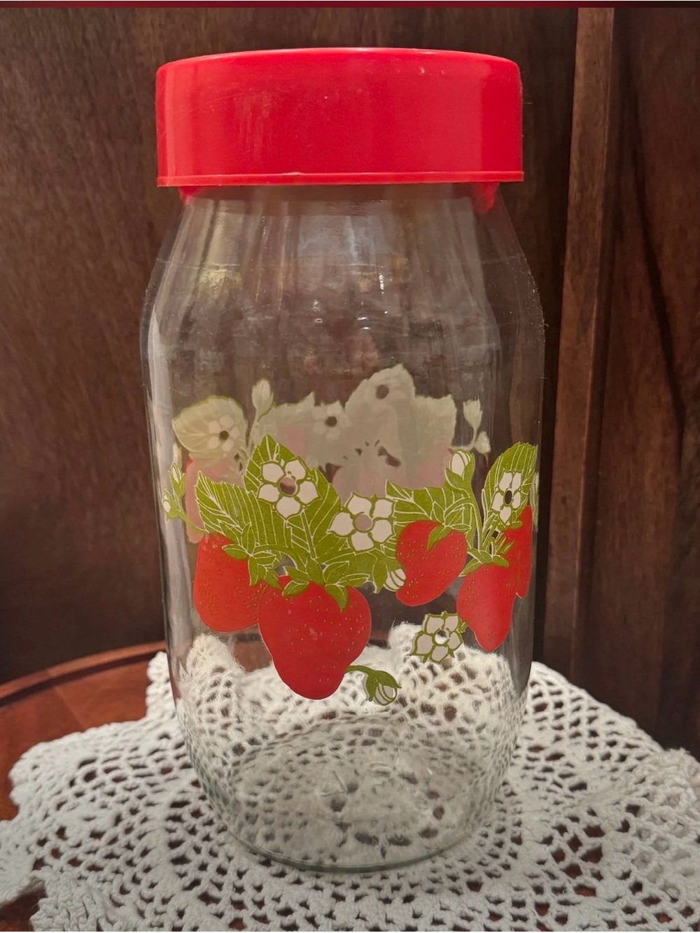 Vintage Carlton Glass Strawberry Canister Jar 2L 9.5" Tall Red Lid Farmhouse